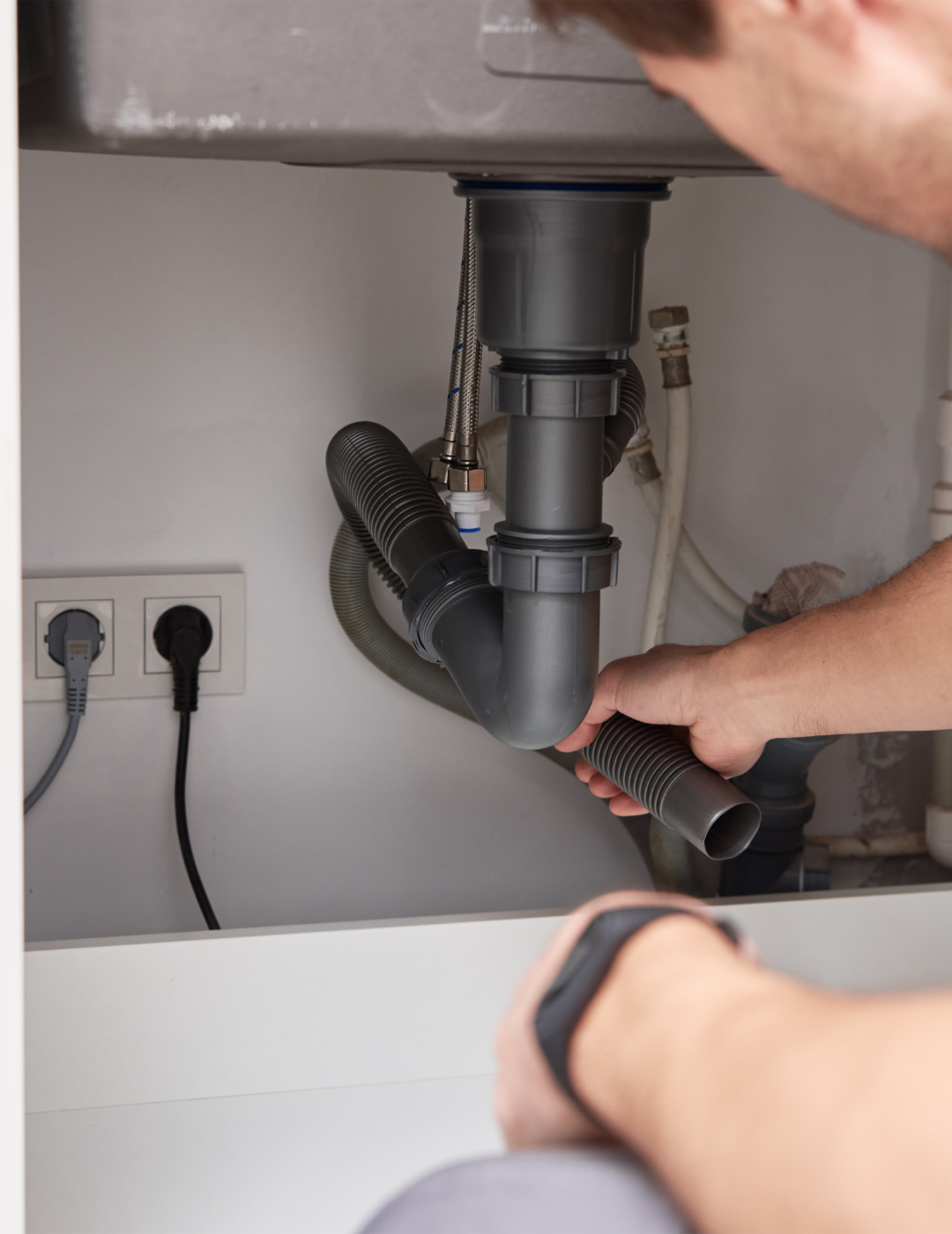 Onder de spoelbak zie je een vakman bezig met het aansluiten van een nieuwe sifon en afvoerflexslang in een keukenmeubel. Dit hoort bij een loodgietersdienst voor installatie en onderhoud van water- en afvoersystemen in huis. Het doel van deze dienst is in één zin een lekvrije, goed doorlopende keukenafvoer garanderen. De kunststof sifon is corrosiebestendig, de flexibele afvoerslang is eenvoudig in lengte verstelbaar en de robuuste, gevlochten waterslangen bieden direct drukbestendige toevoer.